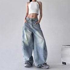 美式复古设计感嘻哈弯刀牛仔裤女2025秋季新款宽松显瘦直筒阔腿裤，男装牛仔裤，星座813-2
