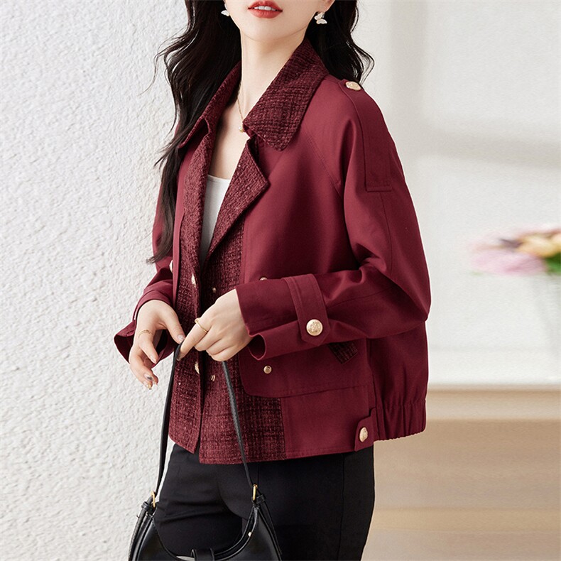 安哥拉红风衣外套女2024年新款春秋洋气欧货休闲短款拼接外套夹克，女装风衣，仁梯