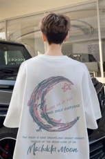 胖胖哥美式潮牌手绘月亮印花短袖T恤男生夏季大码宽松半袖体恤衫，男装T恤，电商B209