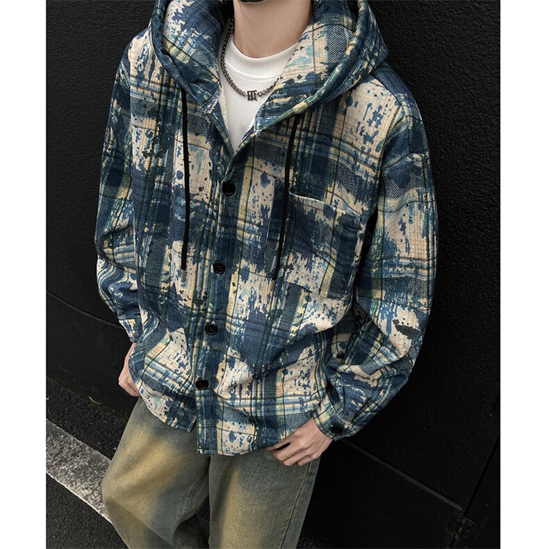 WY10097-P55加绒P65冬季撞色格子连帽大码休闲百搭卫衣外套男,女装短外套,电商A059
