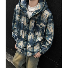 WY10097-P55加绒P65冬季撞色格子连帽大码休闲百搭卫衣外套男，女装短外套，电商A059
