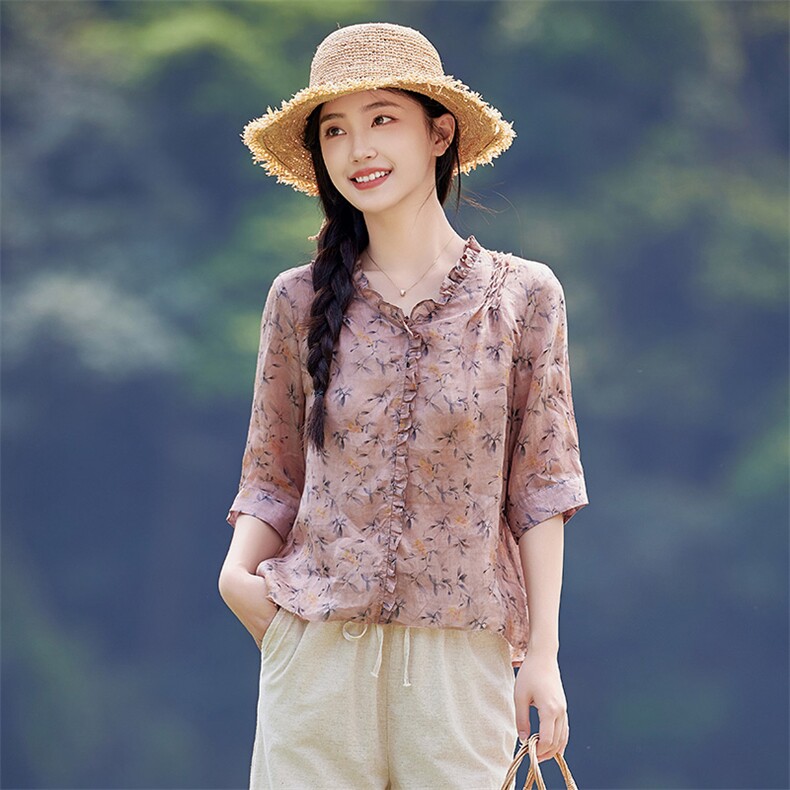 2026年夏季女短袖宽松薄苎麻,女装衬衫,江南依恋