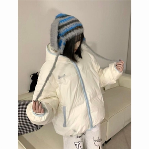 日系新款撞色设计感拉链刺绣连帽面包服外套学生冬季宽松保暖棉衣图片