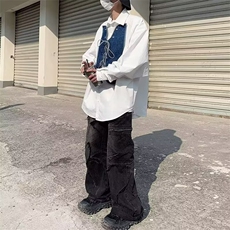 W496-P36牛仔拼接衬衫港风宽松小众设计休闲百搭衬衣日系，男装衬衫，星座911-1