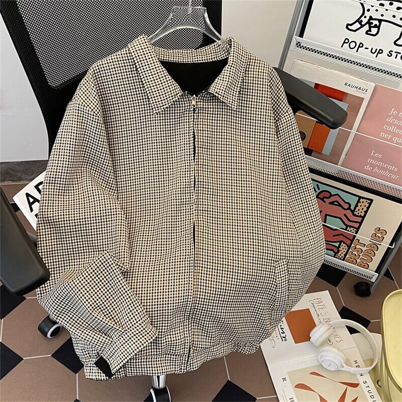W9173-P75 自家图现货春季新款美式千鸟格双面穿宽松立领外套夹克图片
