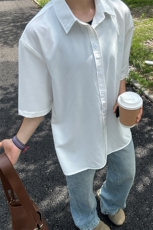 薄款冰丝短袖衬衫男简约纯色垂感休闲痞帅衬衣CS288-P20，男装T恤，星座301C-5
