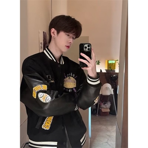 PU皮拼接cleanfit夹克男夏季潮牌美式复古宽松廓形情侣棒球服外套,ins情侣穿衣搭配图片图片