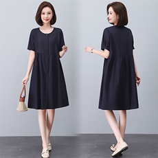 纯棉薄款圆领连衣裙夏装短袖妈妈休闲宽松遮肉显瘦a字裙女中长款，女装连衣裙，玛其路