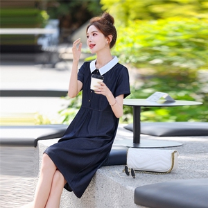 娃娃领连衣裙女2025新款中长款夏季短袖高级感减龄妈妈夏装裙子潮图片
