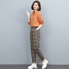 长期现货，格子衬衫女套装新款韩版春秋显瘦百搭休闲裤两件套，女装套装/套裙，涵誉