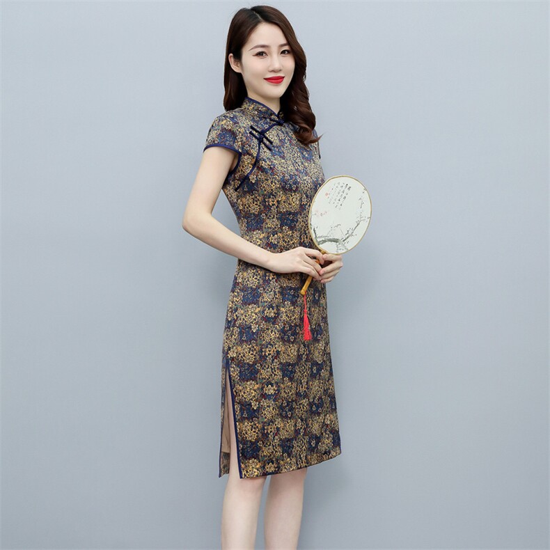杭州丝绸弹力缎重磅真丝双层旗袍中长款气质显瘦婚礼服连衣裙图片