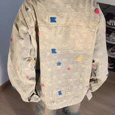 现货网红同款黄泥色印花水洗做旧牛仔外套男女生休闲百搭水印夹克，男装工装外套，星座302B