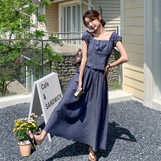 休闲风女装拼接蓝色小众短袖时尚套装套装法式吊带显瘦气质夏季，女装套装/套裙，2C159