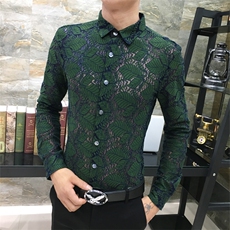 2021春秋新款男潮流修身蕾丝长袖衬衫个性夜店男长衬衣，男装衬衫，星座419（原A233）