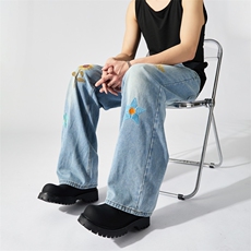 美式拼接牛仔裤男款2025春秋季新款高街痞帅水洗做旧阔腿裤子，男装牛仔裤，星座715-4