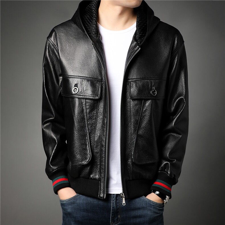 X2163秋冬新款海宁皮衣男士绵羊皮夹克连帽P810，男装皮衣，电商B360
