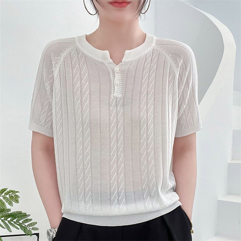 夏季新款时尚气质百搭简约女士三粒扣半开天丝短袖，女装T恤，秋虹羊绒