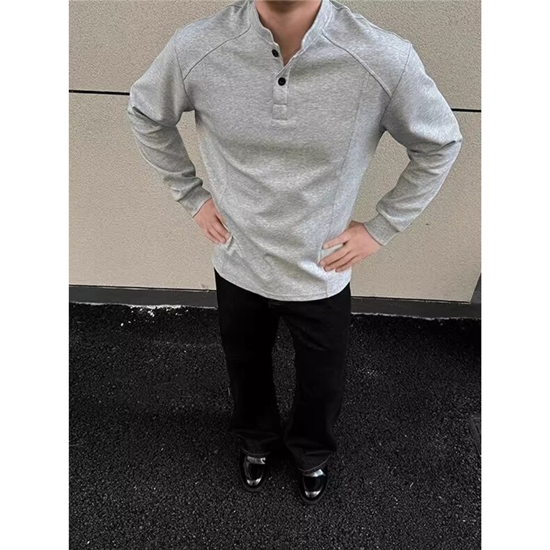 POLO衫亨利领长袖T恤男女解构拼接boxy版型正肩打底衫卫衣T232,男装T恤,星座516A