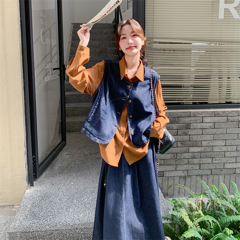 港风复古时尚牛仔马甲衬衫套装女2025春秋季新款显瘦半身裙两件套,女装套装/套裙,维壹