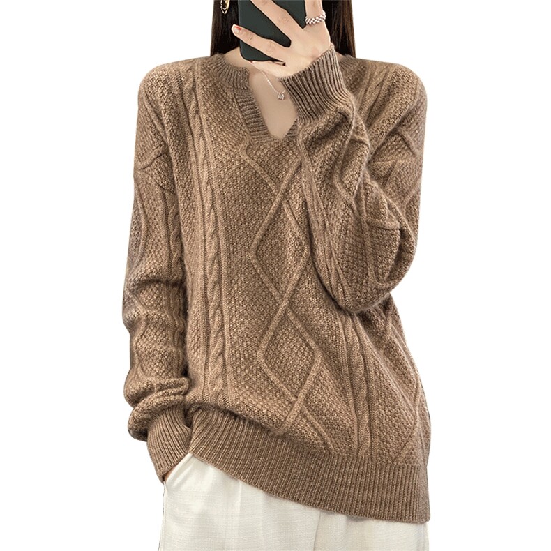 23秋冬新款羊绒衫女V领扭花加厚宽松套头毛衣羊毛针织打底衫,女装羊毛衫,朝辰羊绒