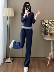 高品质时尚气质减龄套装女初秋新款拼接假两件上衣阔腿长裤两件套，女装套装/套裙，江南