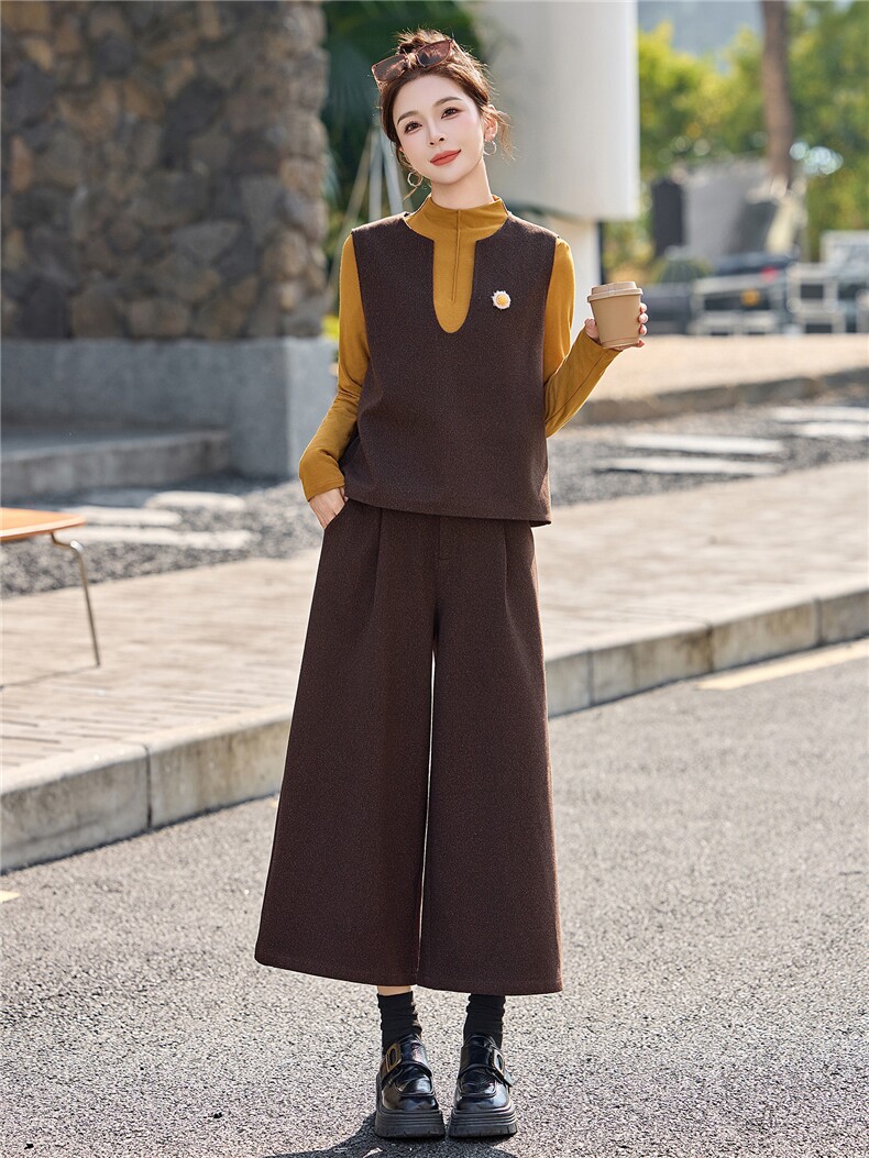 时尚休闲套装女2026春季新款轻奢风毛呢马甲时髦穿搭阔腿裤三件套,女装套装/套裙,悠米