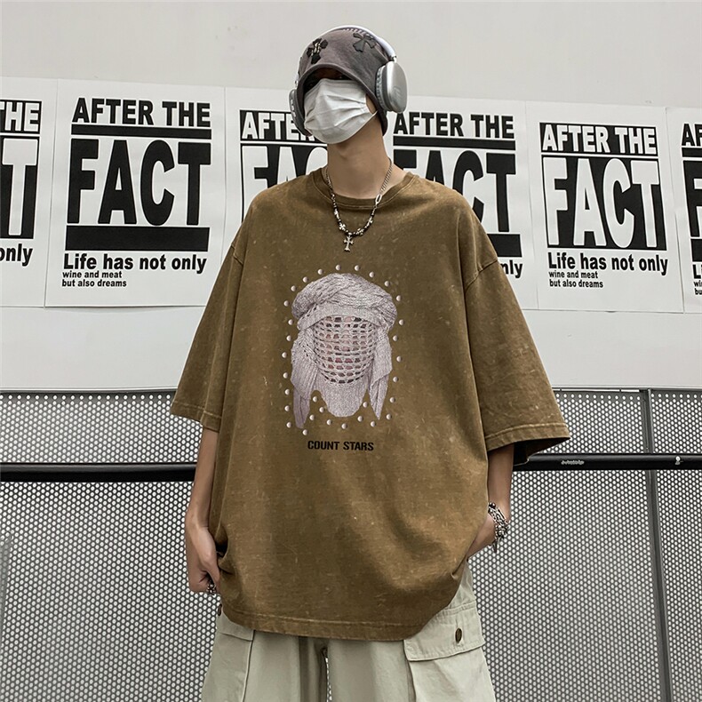 港风23新款夏季100棉印花水洗短袖宽松百搭T恤圆领T61015P45控58,男装T恤,电商A268A