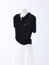 天爽亚麻POLO领刺绣短袖，女装针织衫/毛衣，优麦羊绒（原洪叶羊绒）