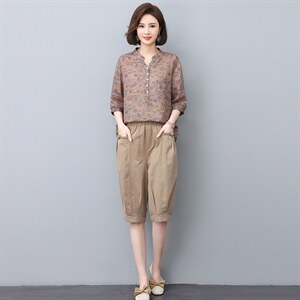 夏季纯苎麻上衣裤子两件套2022年夏季女款中年妈妈时尚套装图片
