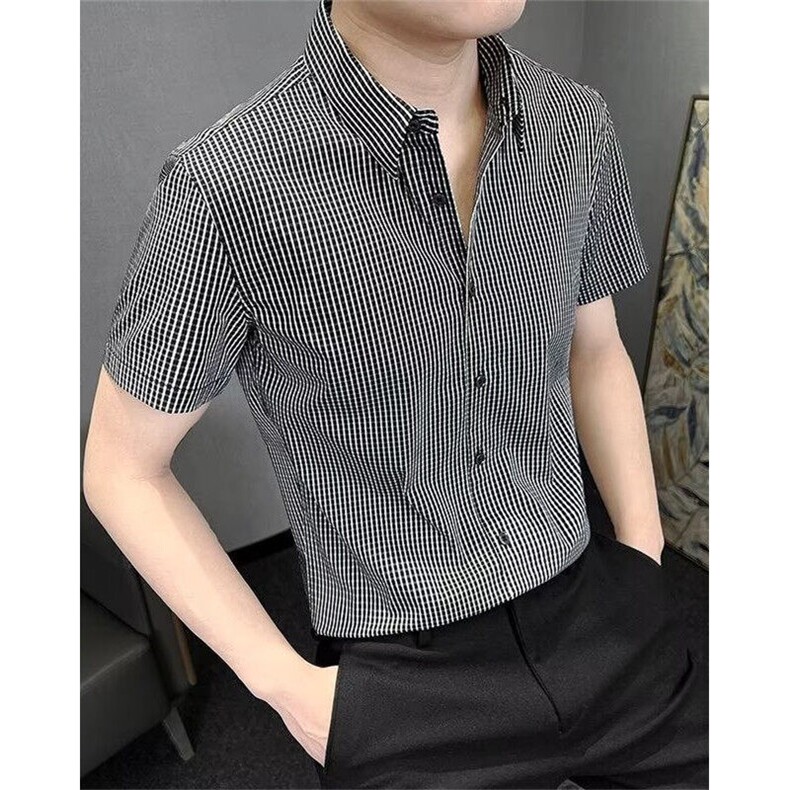 小格子衬衫男士短袖夏季2025新款痞帅男装商务修身衬衣 C41图片