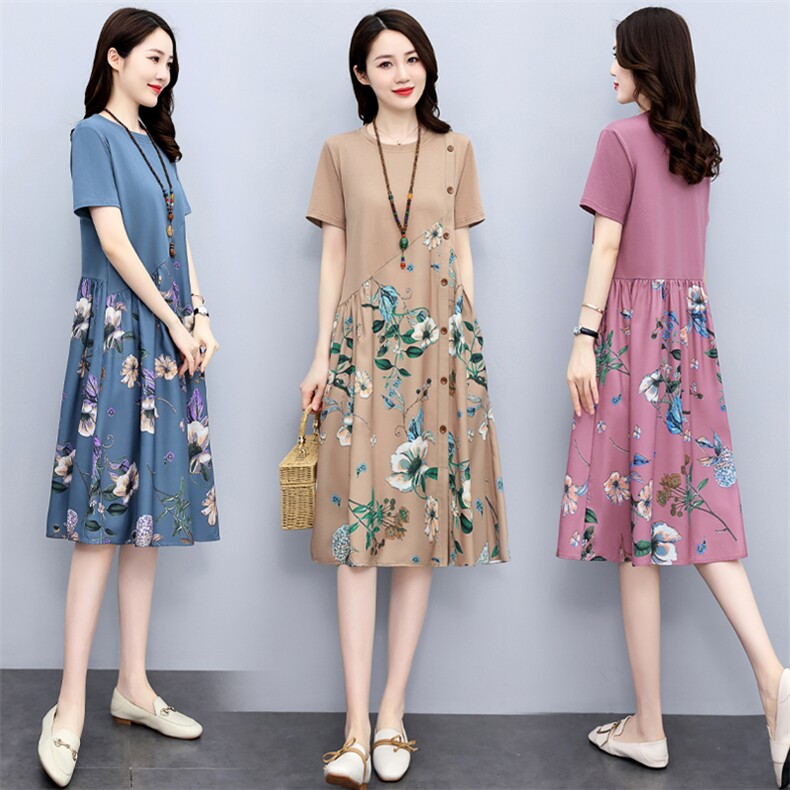 印花棉麻连衣裙女中长款2025夏新款洋气减龄宽松遮肚显瘦A字裙子，女装连衣裙，关键词
