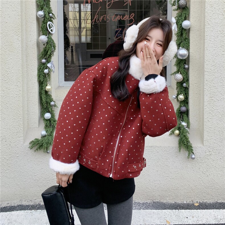红色波点毛绒拼接毛呢外套女2025冬季新款韩系超好看减龄呢子上衣,女装派克服,2C056