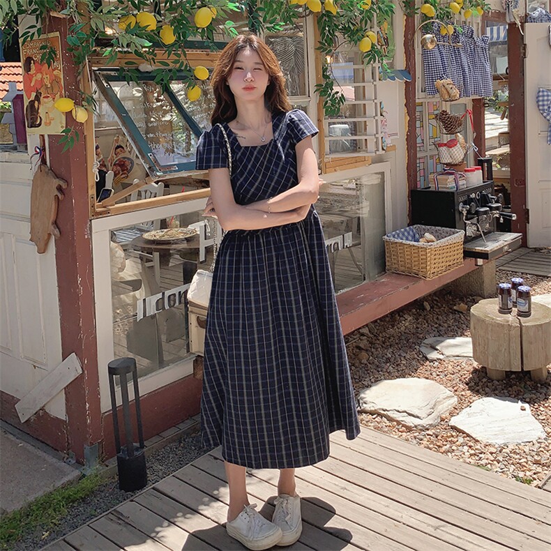 甜美高级感方领格子连衣裙女夏2025新款韩版显瘦通勤小个子a字裙,女装连衣裙,2C201