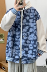 J609P30港风2024秋季百搭夹克外套宽松满印笑脸印花棒球领，男装夹克，电商A026-1
