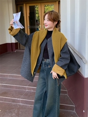 欧货拼色披肩毛呢短款外套女秋2025新款宽松显瘦小个子拉链夹克潮，女装毛呢外套，浙宝301