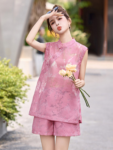 2025年夏季新款新中式盘扣提花套装短裤女图片