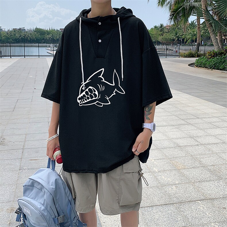 LD54041-P45连帽短袖t恤男大码胖子带帽五分袖中袖,男装T恤,电商A040