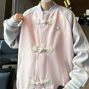 美式复古拼接撞色牛角扣毛呢棒球服夹克男 秋季宽松情侣装外套图片