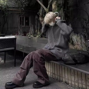 美式复古拉链连帽开衫毛衣男女春秋慵懒风休闲针织衫MYL108图片