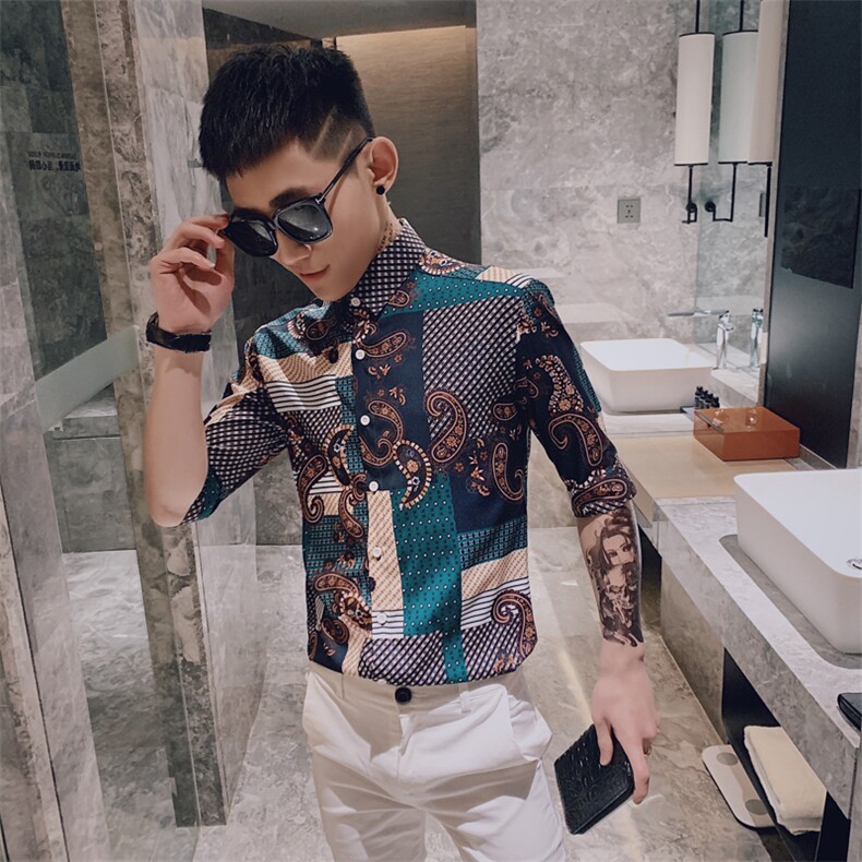 312A-240-P55新款社会小伙中袖衬衫韩版潮流男士五分袖衬衣C,男装T恤,星座312A-5