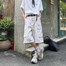 美式街头工装牛仔短裤男多口袋设计宽松五分裤直筒裤LD66811-P54，男装牛仔裤，星座1008