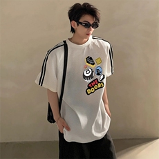 抖音得物高品质二开240克宽松纯棉美式潮牌三条杠织带短袖T恤，男装T恤，电商A486-1