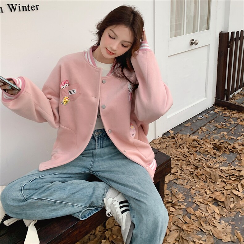 雪景甜美粉色毛呢棒球服（玩偶可拆卸）,女装毛呢外套,天使之佳话