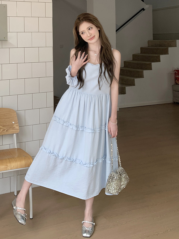 韩式海边度假蓝色吊带裙女2025年夏季新款百搭洋气休闲茶歇长裙潮,女装连衣裙,蝶眷
