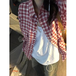 美式复古红色格子衬衫男2024秋季新款青少年高级感百搭衬衣外套潮图片