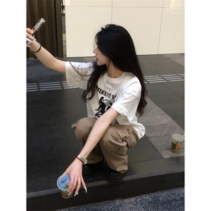 T0692-P25 夏季美式复古短袖 潮纯棉印花T恤 男女款宽松大版图片