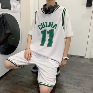 夏季潮牌ins假两件短袖T恤休闲运动套装篮球帅气T恤短裤tz330-p36图片