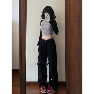 DN121-P48新款高街排扣工装裤男女春夏季直筒微喇裤-网图现货图片