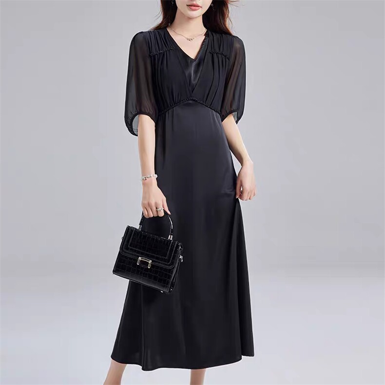 轻奢高端夏季新款时尚女长裙法式赫本V领显瘦连衣,女装连衣裙,东正羊绒