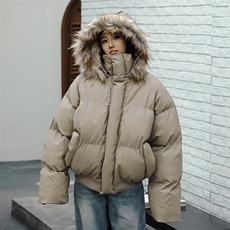 现货三防重磅硬挺boxy短款羽绒棉衣座山雕大毛毛领PU皮棉服外套冬，男装棉衣，电商A486-1